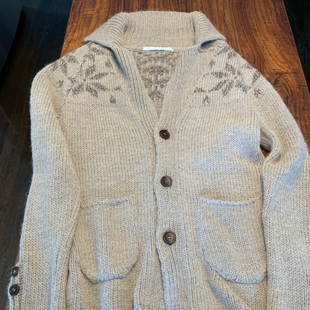 Alpaca blend Long Tan/Grey Wool Sweater Jacket M
